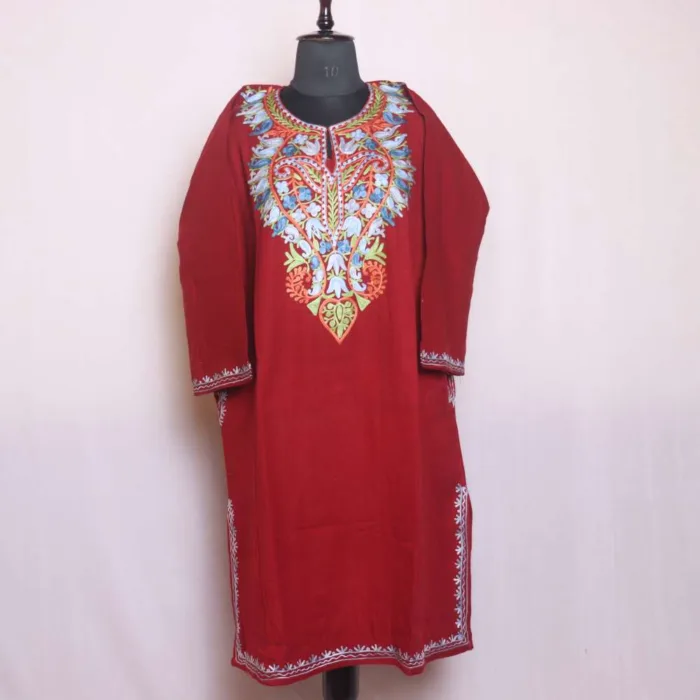 Exquisite Maroon Cashmilon Pheran | Feran Designed with Aari Embroidery - Sonwar Collection - Image 2