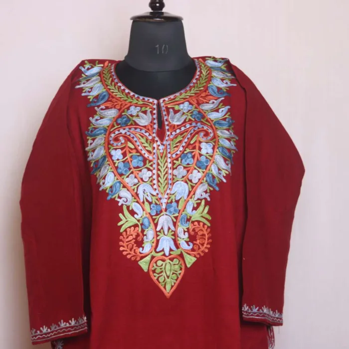 Exquisite Maroon Cashmilon Pheran | Feran Designed with Aari Embroidery - Sonwar Collection