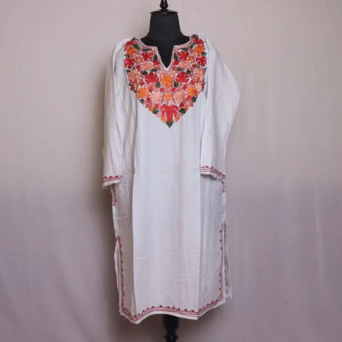 Graceful White Aari Worked Cashmilon Pheran for Women - Sonwar Collection - Image 2