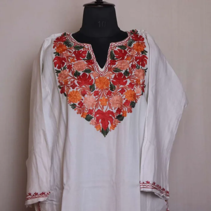 Graceful White Aari Worked Cashmilon Pheran for Women - Sonwar Collection