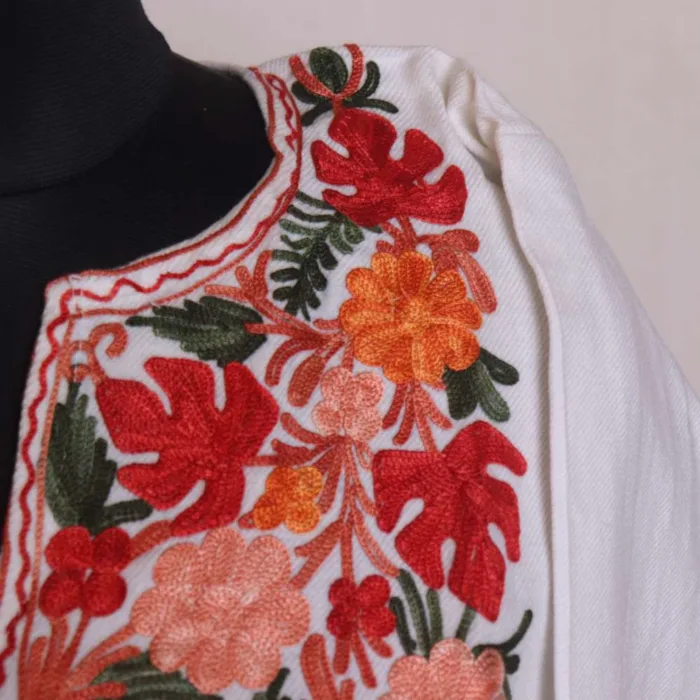 Graceful White Aari Worked Cashmilon Pheran for Women - Sonwar Collection - Image 3