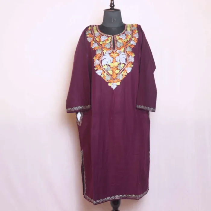 Kashmiri Purple Aari Embroidered Cashmilon Pheran - Sonwar Collection - Image 2