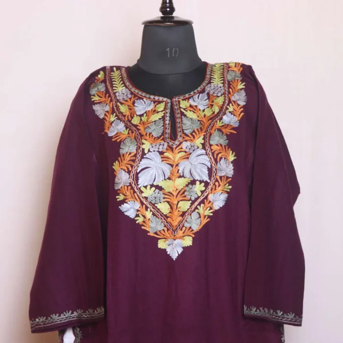 Kashmiri Purple Aari Embroidered Cashmilon Pheran - Sonwar Collection