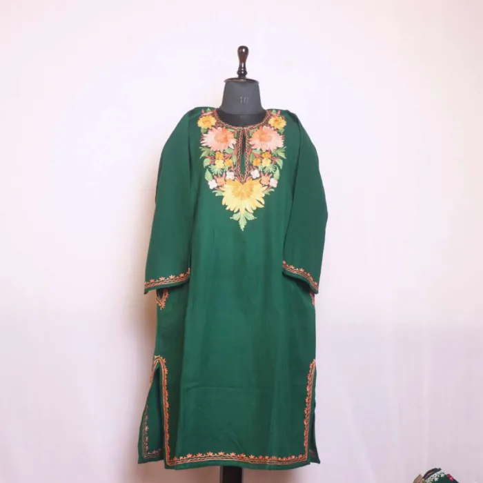 Soft and Elegant Cashmilon Dark Green Pheran with Elegent Aari Embroidery - Sonwar Collection - Image 2