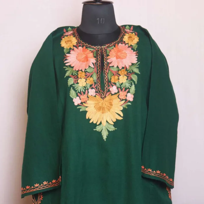 Soft and Elegant Cashmilon Dark Green Pheran with Elegent Aari Embroidery - Sonwar Collection