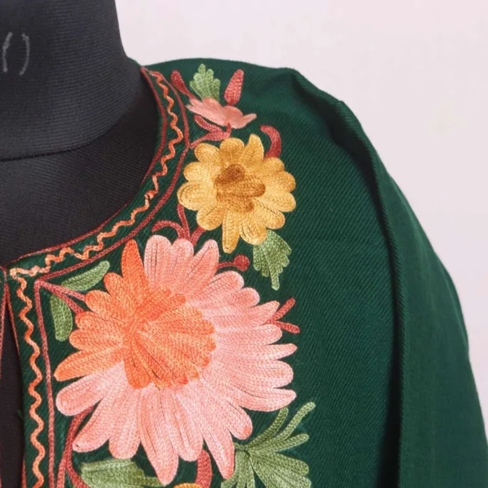 Soft and Elegant Cashmilon Dark Green Pheran with Elegent Aari Embroidery - Sonwar Collection - Image 3