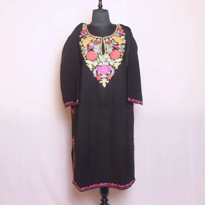 Traditional Aari Embroidered Black Cashmilon Pheran - Sonwar Collection - Image 2