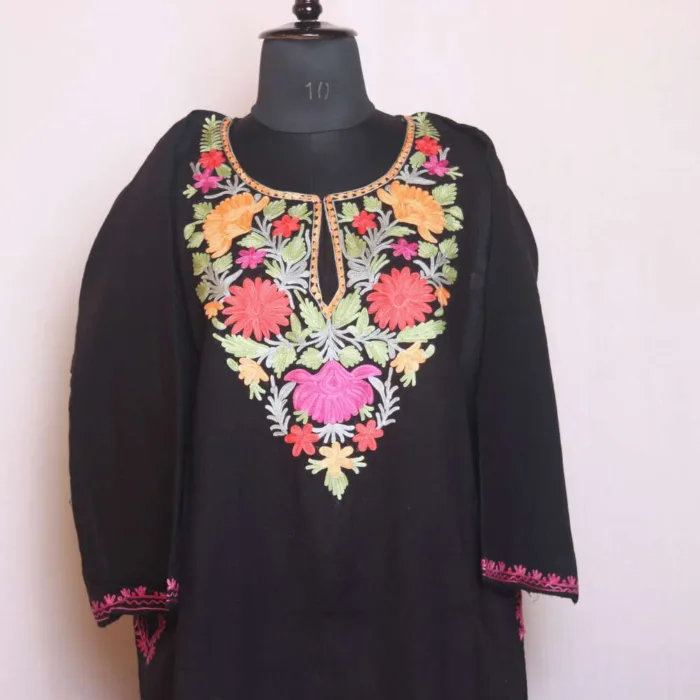 Traditional Aari Embroidered Black Cashmilon Pheran - Sonwar Collection