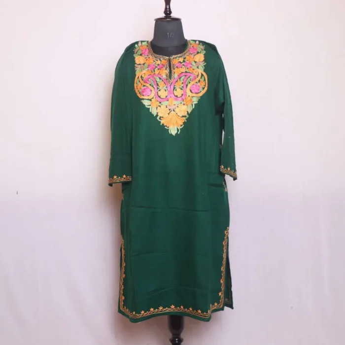 Dark Green Cashmilon Pheran with Adorable Aari Work - Sonwar Collection - Image 2