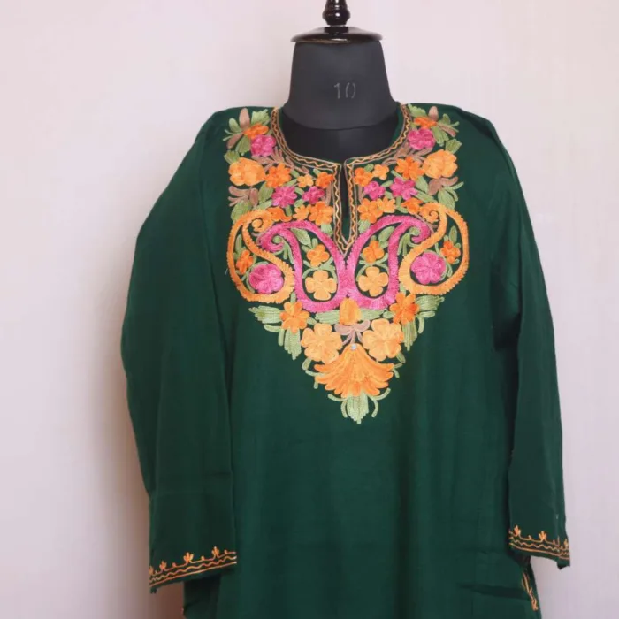 Dark Green Cashmilon Pheran with Adorable Aari Work - Sonwar Collection