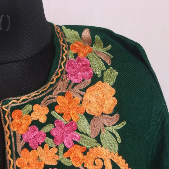 Dark Green Cashmilon Pheran with Adorable Aari Work - Sonwar Collection - Image 3