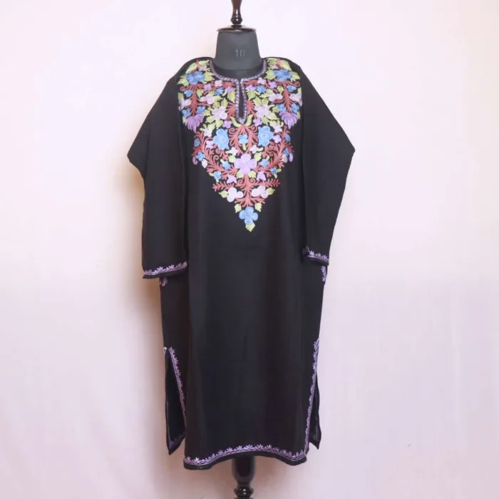 Comfortable and Stylish Black Aari Work Pheran in Cashmilon - Sonwar Collection - Image 2