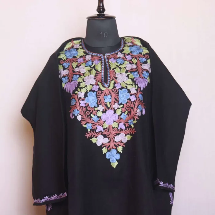 Comfortable and Stylish Black Aari Work Pheran in Cashmilon - Sonwar Collection