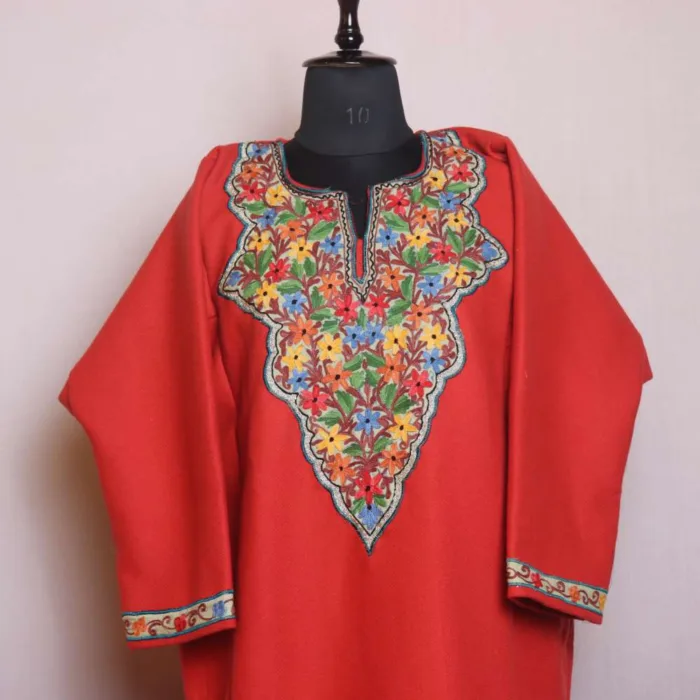 Red Aari and Zari Fleece Tweed Pheran | Phiran - Sonwari Collection [53, 42]