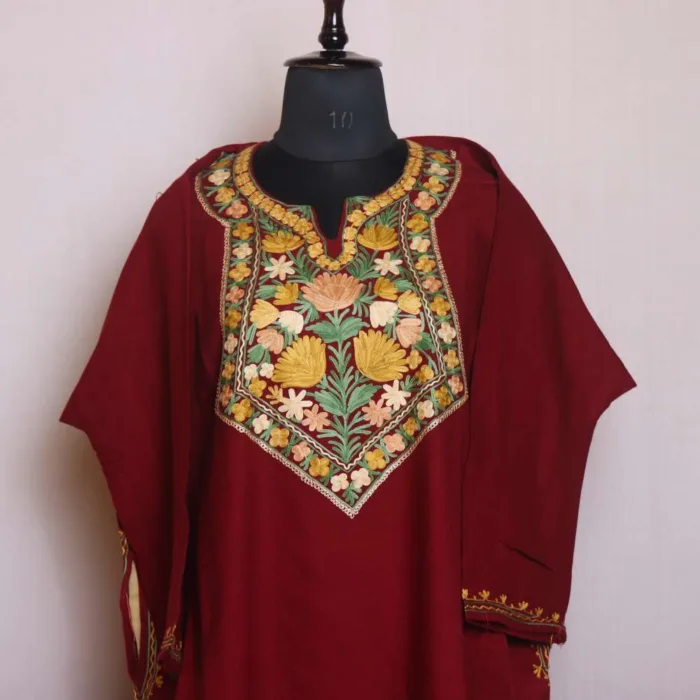 Maroon Aari and Zari Woolen Cashmilon Pheran | Phiran - Sonwari Collection [53, 41]