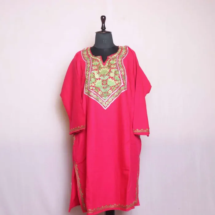 Elegant Hot Pink Aari and Zari Woolen Cashmilon Pheran | Phiran - Sonwari Collection [54, 42.5] - Image 2