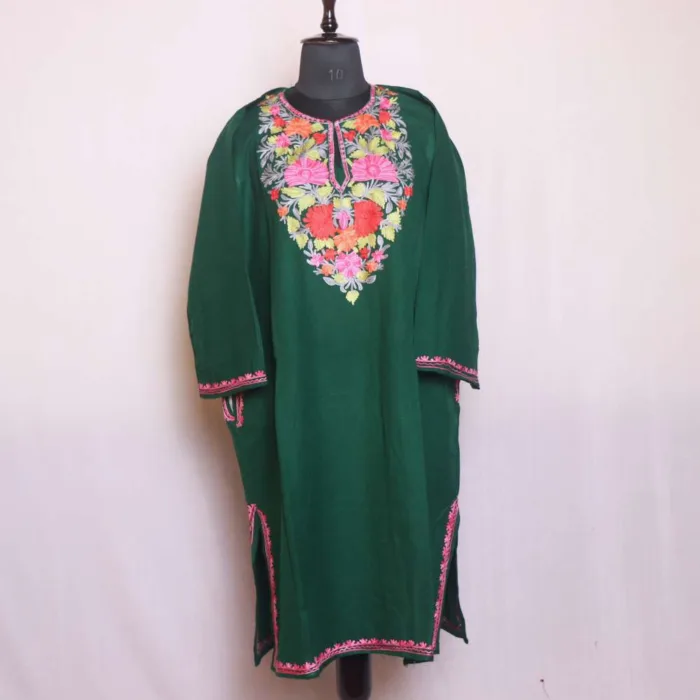 Dark Green Cashmilon Pheran with Aari Work - Sonwari Collection - Image 2