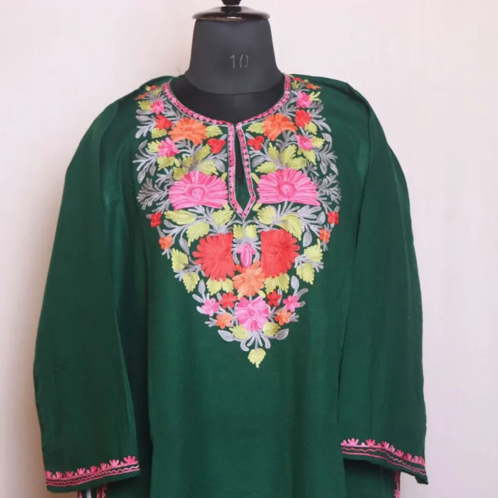 Dark Green Cashmilon Pheran with Aari Work - Sonwari Collection