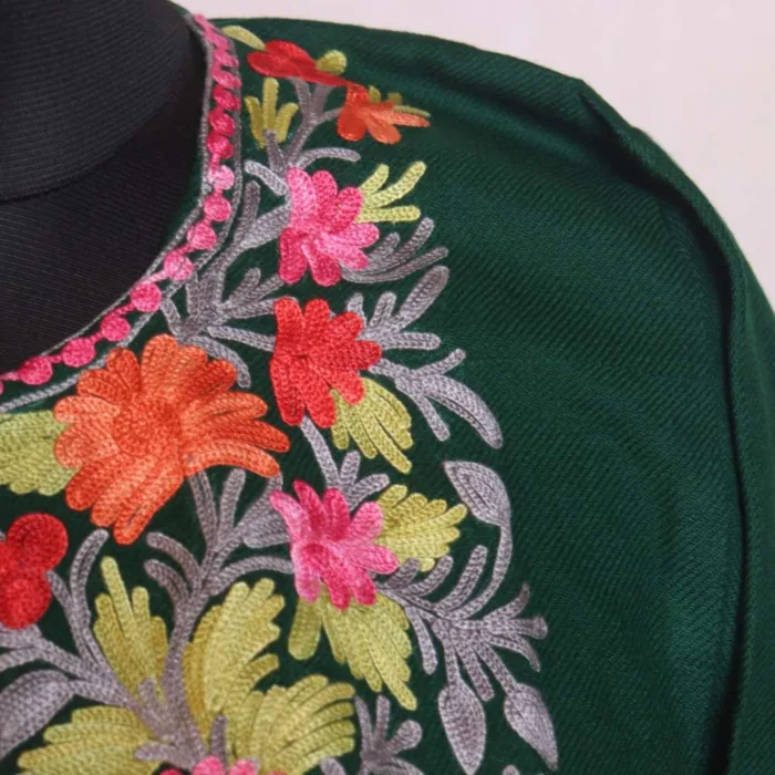 Dark Green Cashmilon Pheran with Aari Work - Sonwari Collection - Image 3