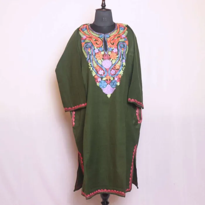 Elegant Olive Green Aari Embroidered Winter Cashmilon Pheran - Sonwari Collection - Image 2