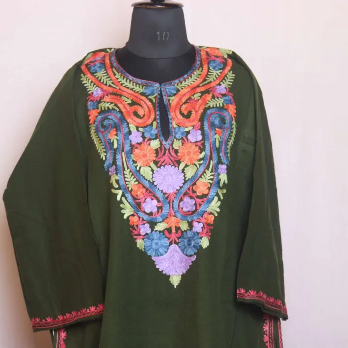 Elegant Olive Green Aari Embroidered Winter Cashmilon Pheran - Sonwari Collection