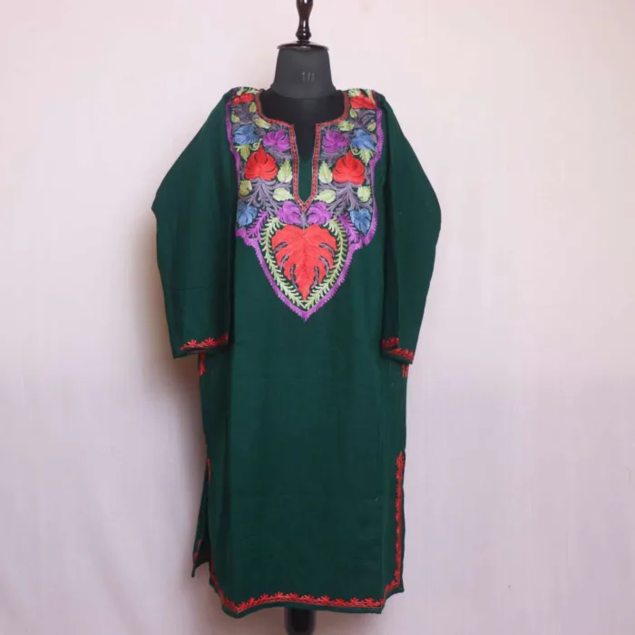 Stylish Dark Green Cashmilon Pheran | Feran Featuring Aari Embroidery - Sonwari Collection - Image 2