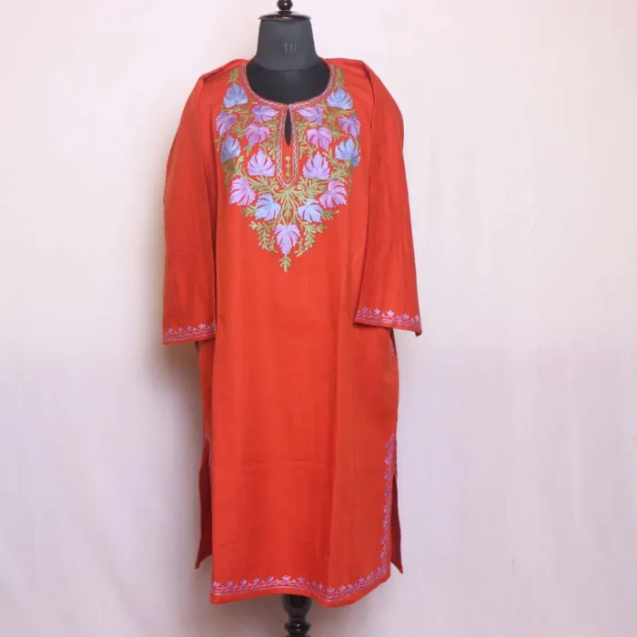 Graceful Aari Embroidered Rustic Orange Cashmilon Pheran - Sonwari Collection - Image 2