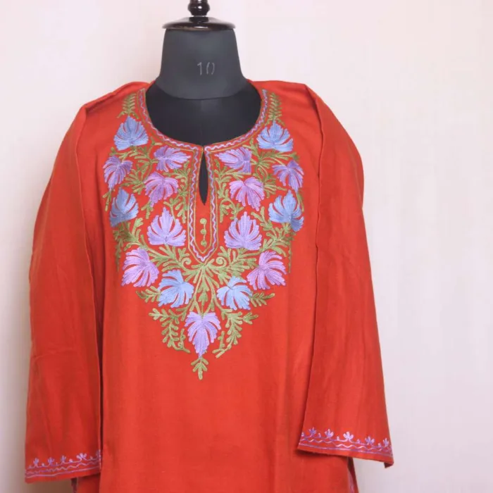 Graceful Aari Embroidered Rustic Orange Cashmilon Pheran - Sonwari Collection