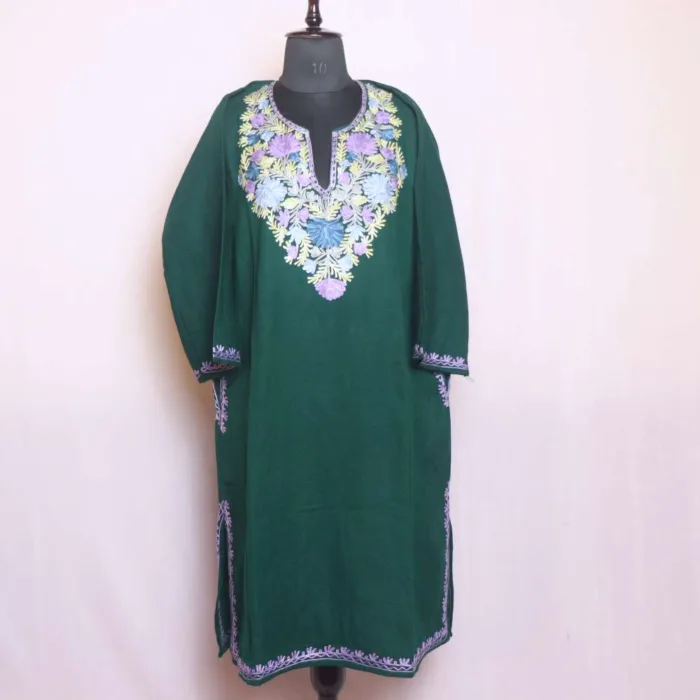 Dark Green Aari Embroidered Cashmilon Pheran - Sonwari Collection - Image 2