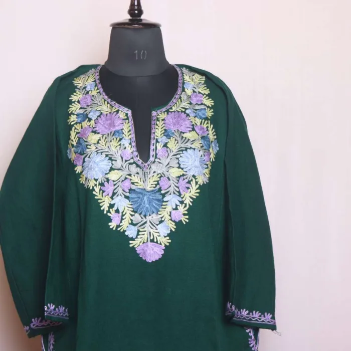 Dark Green Aari Embroidered Cashmilon Pheran - Sonwari Collection