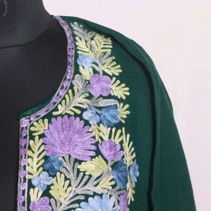 Dark Green Aari Embroidered Cashmilon Pheran - Sonwari Collection - Image 3