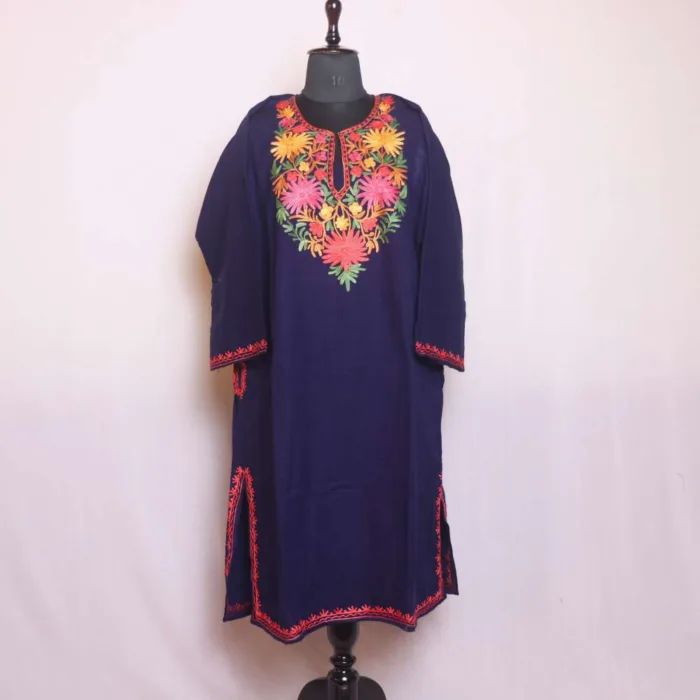 Dark Blue Winter Cashmilon Pheran with Aari Embroidery - Sonwari Collection - Image 2