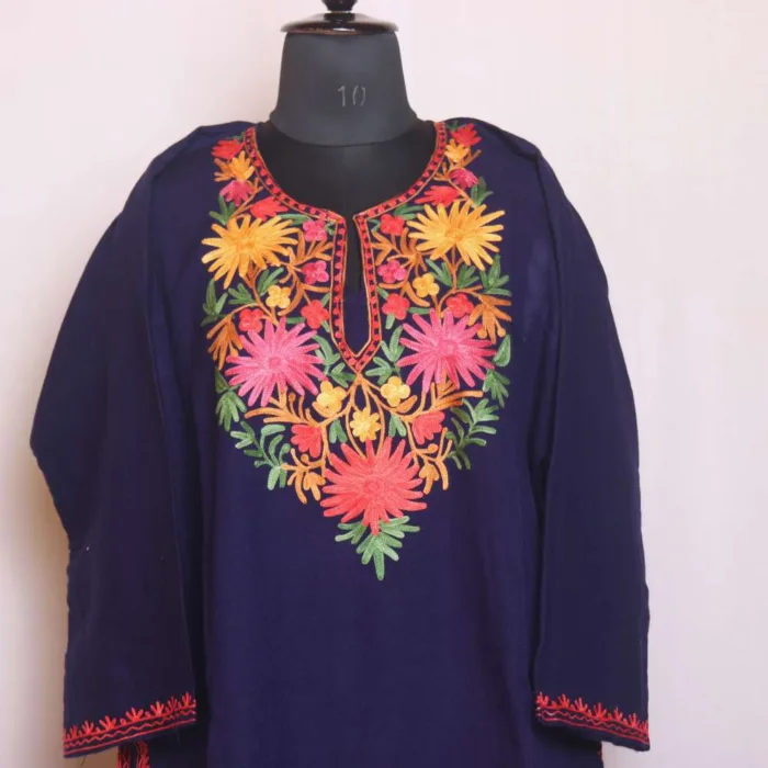 Dark Blue Winter Cashmilon Pheran with Aari Embroidery - Sonwari Collection