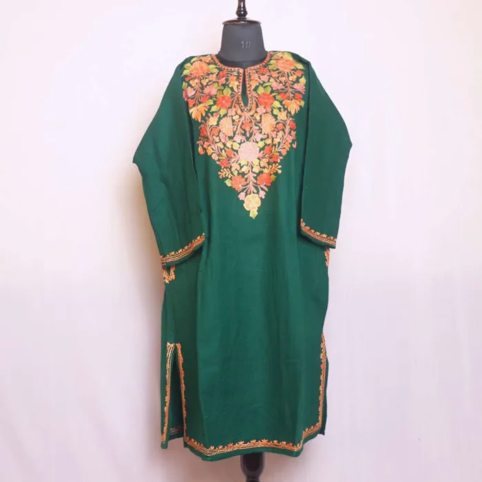 Dark Green Warm Aari Embroidered Cashmilon Pheran - Sonwari Collection - Image 2