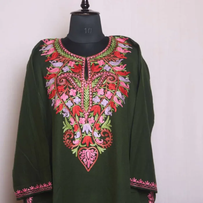 Olive Color Cashmilon Pheran with Aari Work - Sonwar Collection