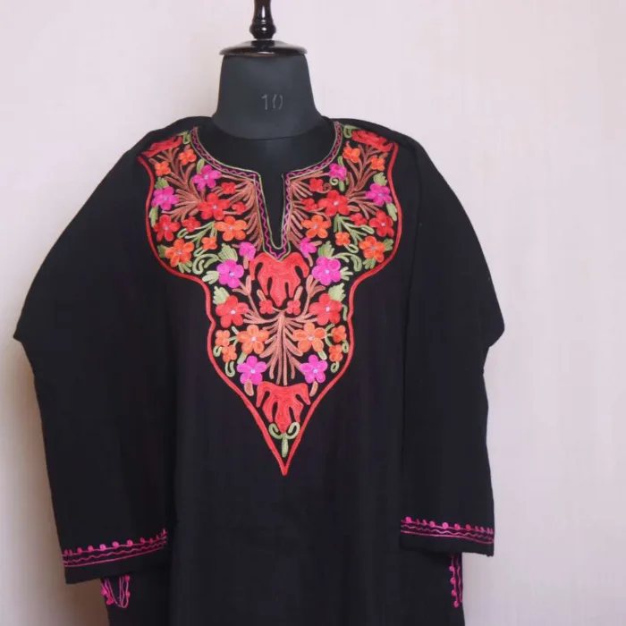 Classic Black Aari Embroidered Cashmilon Pheran - Sonwar Collection