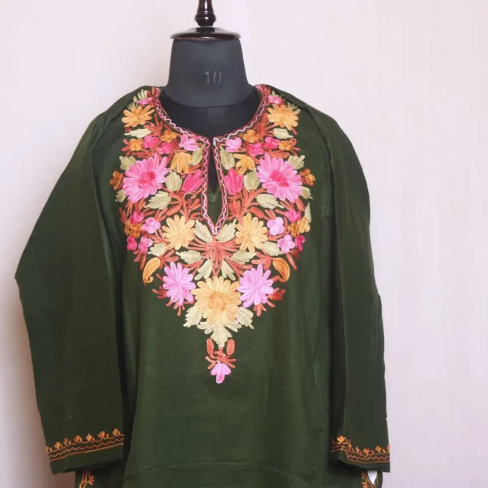 Stylish Olive Green Cashmilon Pheran | Feran Showcasing Aari Embroidery - Sonwar Collection