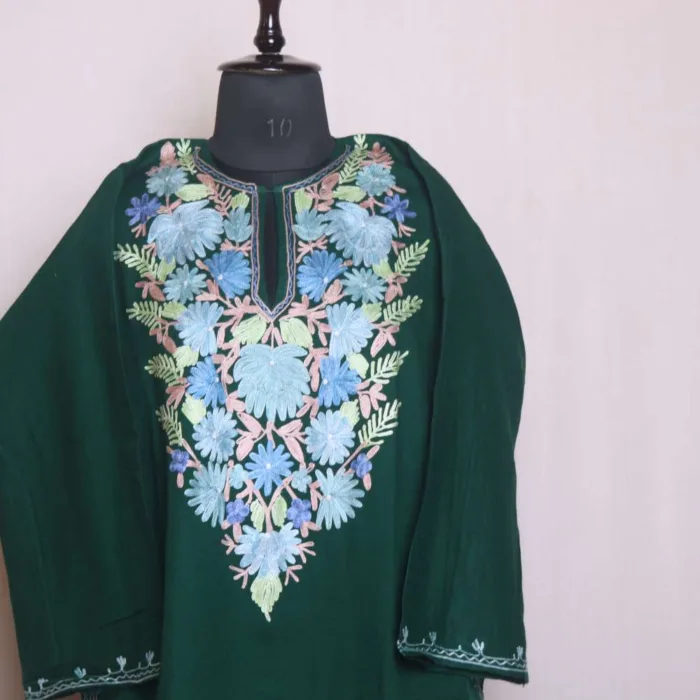 Dark Green Aari Embroidered Cashmilon Pheran | Feran - Sonwar Collection