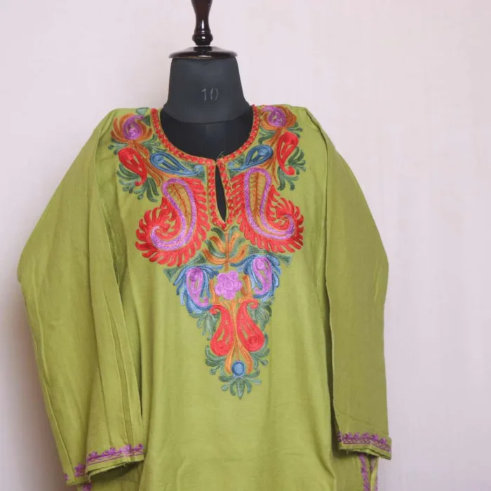 Parrot Green Aari Work Cashmilon Pheran - Sonwar Collection