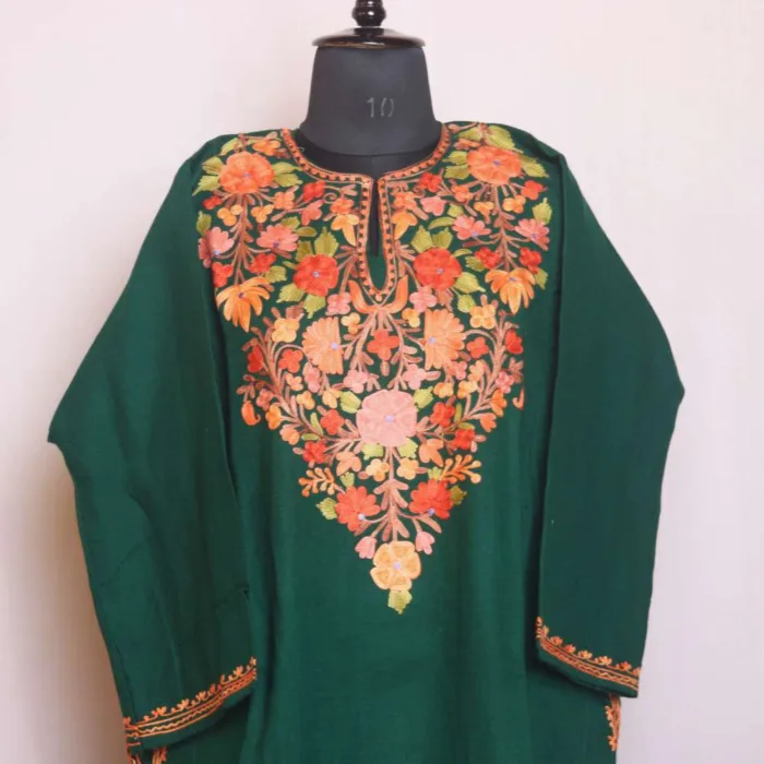 Dark Green Warm Aari Embroidered Cashmilon Pheran - Sonwari Collection