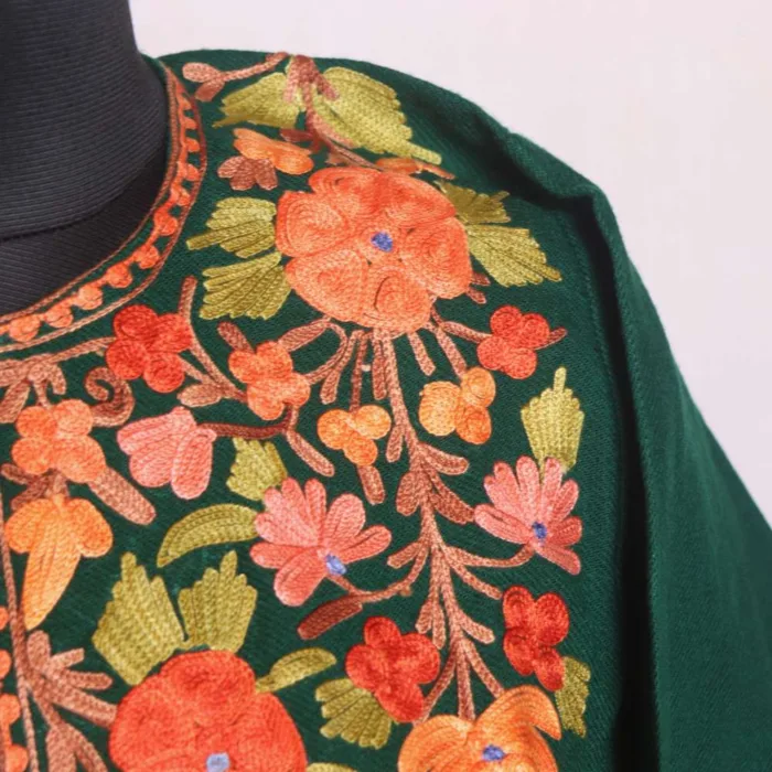 Dark Green Warm Aari Embroidered Cashmilon Pheran - Sonwari Collection - Image 3