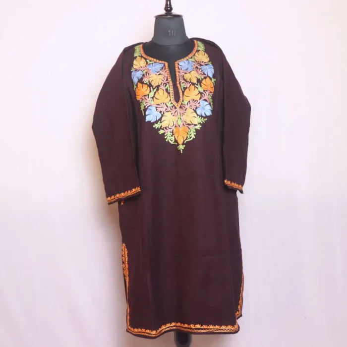 Dark Brown Cozy Cashmilon Pheran | Feran with Aari Work - Sonwari Collection - Image 2