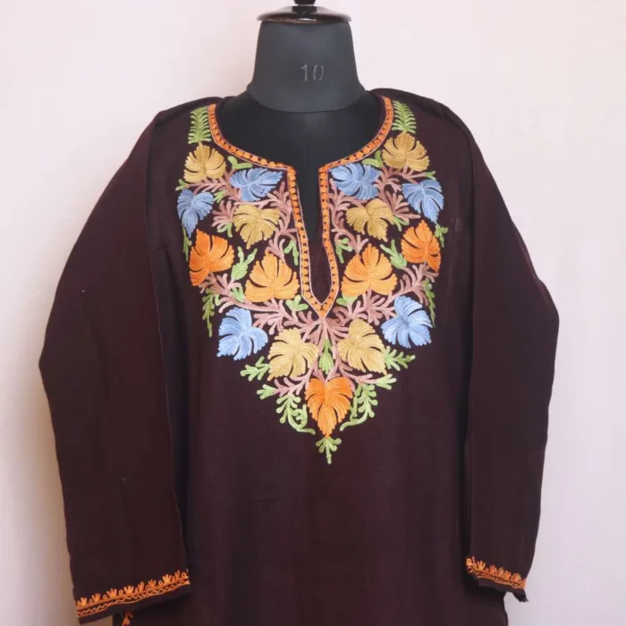 Dark Brown Cozy Cashmilon Pheran | Feran with Aari Work - Sonwari Collection