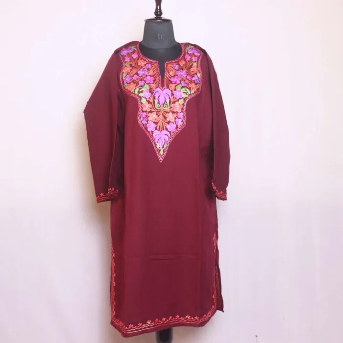 Maroon Aari Embroidered Cashmilon Pheran - Sonwari Collection - Image 2