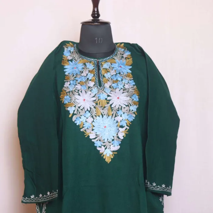 Exquisite Dark Green Aari Embroidery on Cashmilon Fabric - Sonwari Collection