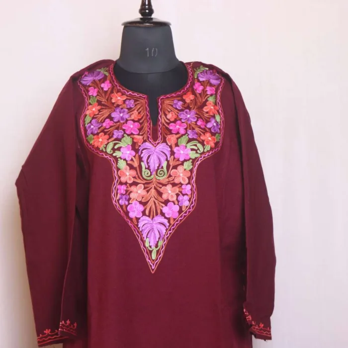 Maroon Aari Embroidered Cashmilon Pheran - Sonwari Collection