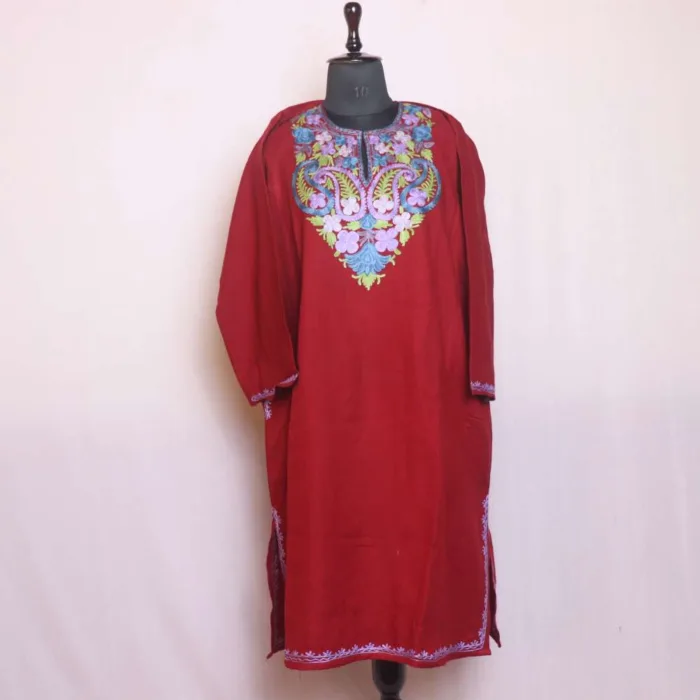 Maroon Winter Wear Cashmilon Pheran with Aari Work - Sonwari Collection - Image 2