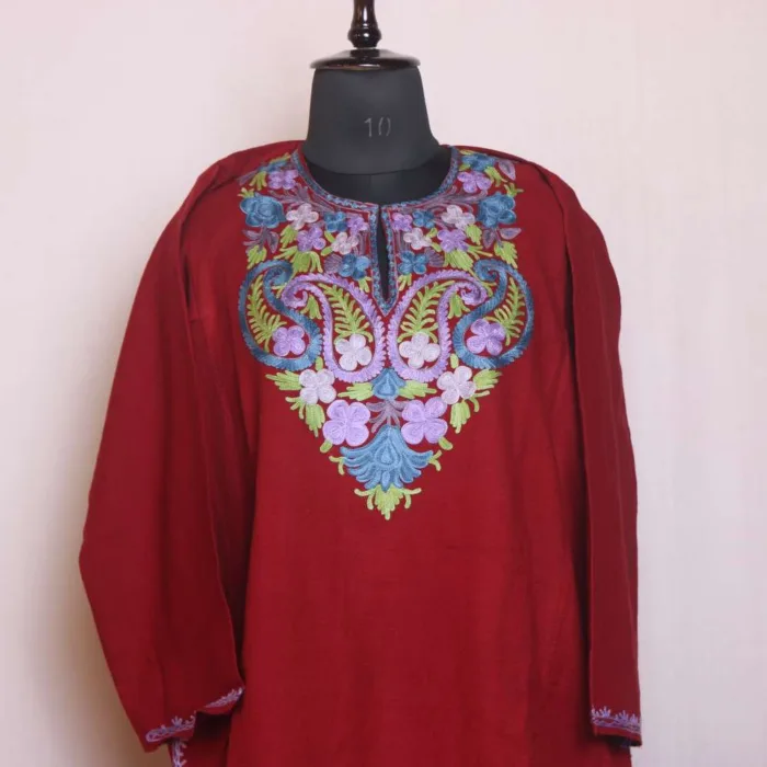 Maroon Winter Wear Cashmilon Pheran with Aari Work - Sonwari Collection