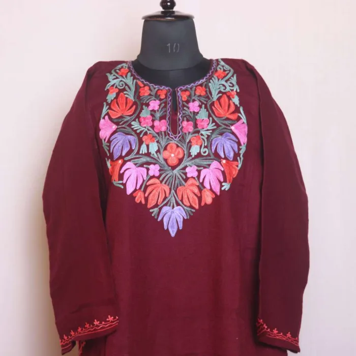 Refined Wine Color Winter Aari Work Pheran - Sonwari Collection