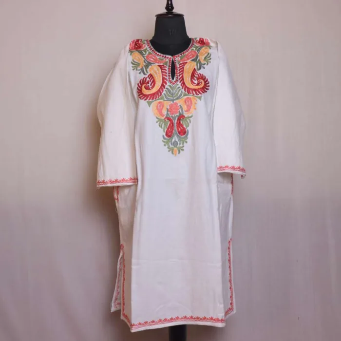 Cream Color Kashmiri Cashmilon Pheran | Feran with Beautiful Aari Embroidery - Sonwari Collection - Image 2